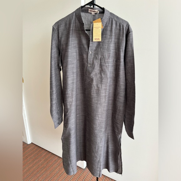NWT FABINDIA Men's Slate Gray Khadi Woven Cotton Nehru Kurta Sz 38 Comfort M / L - Picture 5 of 9